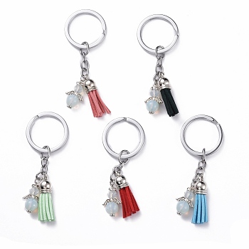 Alloy Keychain Findings, with Opalite Round Beads and Faux Suede Tassel Pendant, Angel, Mixed Color, 8.6~8.7cm