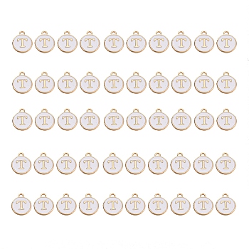 Golden Plated Alloy Charms, with Enamel, Enamelled Sequins, Flat Round, White, Letter.T, 14x12x2mm, Hole: 1.5mm, 50pcs/Box