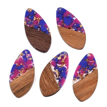 Transparent Resin and Walnut Wood Pendants, Teardrop Charms with Gold Foil, Camellia, 48.5x23.5x3.5mm, Hole: 2mm