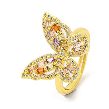 Butterfly Brass Micro Pave Cubic Zirconia Adjustable Rings for Women, Real 18K Gold Plated, Colorful, Inner Diameter: 18mm