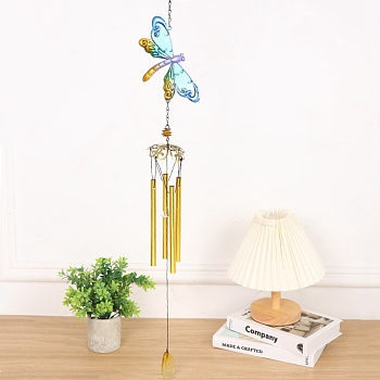 Iron Dragonfly Wind Chime Kit, with Aluminum Tube, with Glass, Gold, 810mm