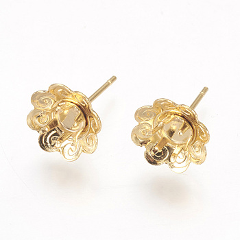 304 Stainless Steel Ear Stud Components, Flower, Golden, 16mm, Flower: 10.5~11x4.5mm, Tray: 4mm, Pin: 0.7mm