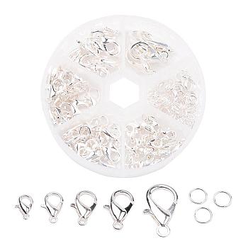Alloy Lobster Claw Clasps and Jump Rings Set, Silver Color Plated, Clasps: 10~20.5x6~13x3.5~5.5mm, Hole: 1~2mm, about 70pcs/box, Jump Rings: 6x1mm, about 40~50pcs/box