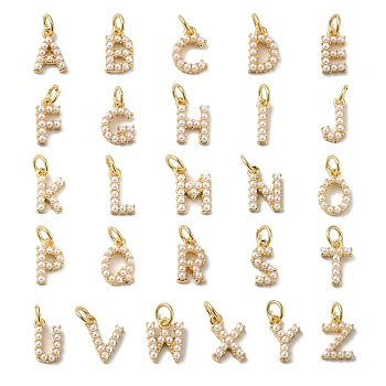 26Pcs Letter A~Z Rack Plating Brass Charms, with ABS Plastic Imitation Pearl, Long-Lasting Plated, Lead Free & Cadmium Free, Real 18K Gold Plated, 10.5~11.5x2.5~8.5x2.5~3mm, Hole: 3mm