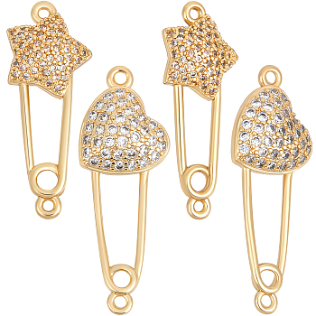 6Pcs 2 Styles Brass Micro Pave Cubic Zirconia Connector Charms, Safety Pin Shape Links with Star & Heart, Golden, 27~34x10~12x3.5~4mm, Hole: 1.2~1.5mm, 3pcs/style