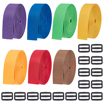 WADORN 35 Yards Flat Nylon Ribbons, with 16Pcs Plastic Buckle Clasps, for Bag Strap Making, Mixed Color, 1 inch(25mm)