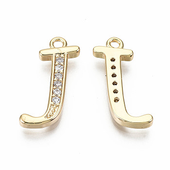 Brass Micro Pave Clear Cubic Zirconia Pendants, Nickel Free, Real 18K Gold Plated, Word, Letter.J, 17x10x2mm, Hole: 1.5mm
