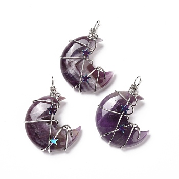 Natural Amethyst Pendants, with Platinum Tone Brass Wire Wrapped and Hematite Star Beads, Cadmium Free & Lead Free, Moon, 45.5~47x32.5~33.5x11~12mm, Hole: 5mm