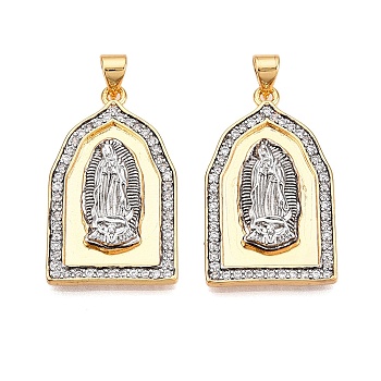 Brass Micro Pave Cubic Zirconia Pendants, Arch with Virgin Mary Charms, Real 18K Gold Plated, 30x18x3.5mm, Hole: 3~3.5x5.5mm