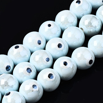 Handmade Porcelain Ceramic Beads Strands, Bright Glazed Porcelain, Round with Evil Eye, Light Cyan, 10.5mm, Hole: 1.8mm, about 32pcs/strand, 12.01 inch(30.5cm)