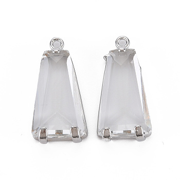 Transparent Glass Pendants, with Brass Findings, Long-Lasting Plated, Faceted, Trapezoid, Platinum, 23.5x11x5mm, Hole: 1.4mm