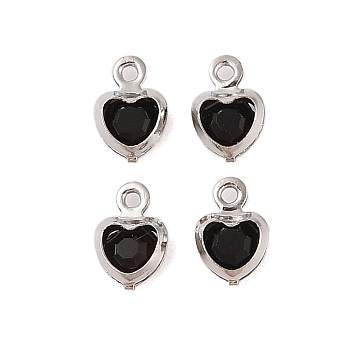 Heart Rack Plating Brass Glass Pendants, Cadmium Free & Lead Free, Long-Lasting Plated, Platinum, Black, 7.5x5x2mm, Hole: 1mm