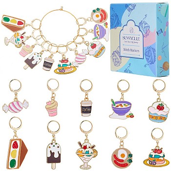 Food Theme Alloy Enamel Pendant Locking Stitch Markers, 304 Stainless Steel Leverback Hoop Stitch Marker, Mixed Shapes, Mixed Color, 3~4.6cm, 10 style, 2pcs/style, 20pcs/box