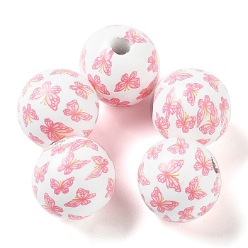Easter Theme Printed Wood European Beads, Large Hole Beads, Round, Pink, 16mm, Hole: 4.5mm