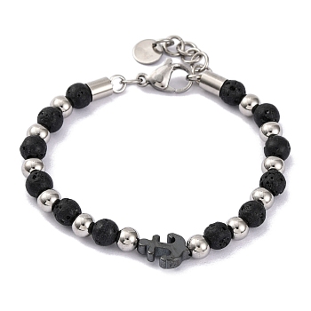 Natural Lava Rock & Synthetic Magnetic Hematite Anchor Beaded Bracelet, 8-1/2 inch(21.5cm)