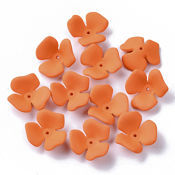 3-Petal Spray Painted Acrylic Bead Caps, Rubberized Style, Flower, Dark Orange, 23x20~22x7mm, Hole: 1.6mm