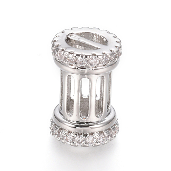 Hollow Brass Micro Pave Clear Cubic Zirconia Beads, Hollow, Column, Platinum, 14.5x10mm, Hole: 5x2.5mm