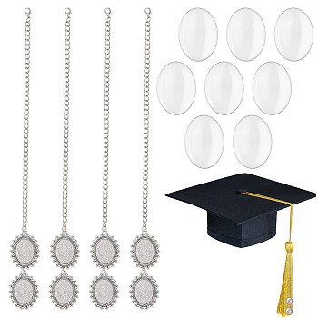 Alloy Graduation Cap Brim Chains Tassel Photo Charms, with Glass Cabochons, Oval, Antique Silver, 297x5mm, Tray: 25x18mm, 4 sets/box