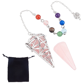 SUNNYCLUE Natural Rose Quartz Cone Dowsing Pendulums, with Platinum Brass Findings, 10-1/2 inch(26.67cm), 1pc/bag