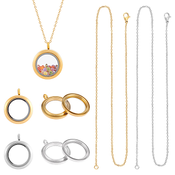 DIY Blank Flat Round 304 Stainless Steel Locket Pendant Necklace Making Kit, Golden & Stainless Steel Color, Pendants: 30.5x25x8mm, Hole: 3.6mm