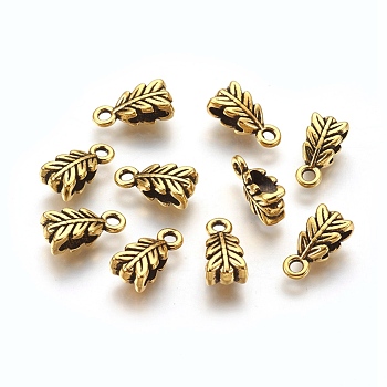Tibetan Style Alloy Pendant Bails, Lead Free & Cadmium Free & Nickel Free, Leaf, Antique Golden, 14mm long, 6.5mm wide, 4.5mm thick, Hole: 2mm