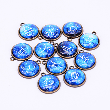 Alloy Glass Pendants, Half Round with Twelve Constellations, Antique Bronze, Dodger Blue, 21x17x6mm, Hole: 1.8mm, 12pcs/set