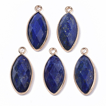 Natural Lapis Lazuli Pendants, with Golden Plated Edge Brass Findings, Faceted, Horse Eye, 20x9x5mm, Hole: 1.2mm