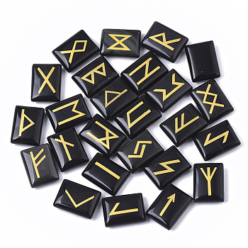 Natural Obsidian Cabochons, Divination Stone, Rectangle with Runes/Futhark/Futhorc, 20x15x6.5mm, 25pcs/et