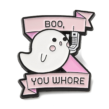 Halloween Ghost with Word BOO Who're You Enamel Pin, Electrophoresis Black Zinc Alloy Brooch for Backpack Clothes, 30x28x1.5mm