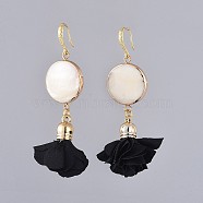 Dangle Earrings, with Brass Earring Hooks, Electroplate Freshwater Shell Links, Cloth Pendants, with Acrylic Findings and Cardboard Packing Box, Flat Round and Flower, Black, 70mm, Pin: 0.8mm(EJEW-JE03832-03)