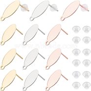 Unicraftale 30Pcs 3 Colors 304 Stainless Steel Stud Earring Findings, with Loop and Flat Plate, Oval, with 50Pcs Plastic Ear Nuts, Mixed Color, 15x7x0.8mm, Hole: 1mm, Pin:0.8mm, 10pcs/color(STAS-UN0017-99)