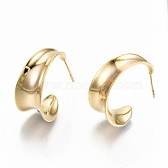 Semicircular Brass Stud Earrings, Half Hoop Earrings, Nickel Free, Real 18K Gold Plated, 23x24x11.5mm, Pin: 0.7mm(KK-T062-39G-NF)