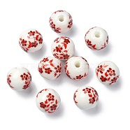 Handmade Printed Porcelain Round Beads, with Flower Pattern, Indian Red, 10mm, Hole: 2mm(PORC-YW0001-05F)
