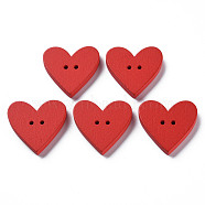 2-Hole Spray Painted Wood Buttons, Heart, Red, 22.5x23.5x3.5mm, Hole: 1.6mm(X-WOOD-S055-48)