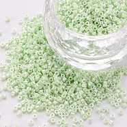 Glass Cylinder Beads, Seed Beads, Opaque Colours Luster, Round Hole, Pale Green, 1.5~2x1~2mm, Hole: 0.8mm, about 8000pcs/bag, about 1pound/bag(SEED-S047-L-007)