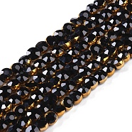 Electroplate Glass Beads Strands, Faceted, Flat Round, Black, 4x4.5x3.5mm, Hole: 0.8mm, about 74pcs/strand, 11.73''(29.8cm)(EGLA-Q128-03B)
