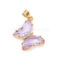 Glass Pendants, with Brass Clear Micro Pave Cubic Zirconia, Butterfly, Golden, Lilac, 24x21x4mm, Hole: 5.5x3.5mm(GLAA-G075-01G-02)