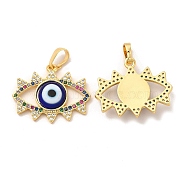Rack Plating Brass Micro Pave Colorful Cubic Zirconia Pendants, with Handmade Evil Eye Lampwork, Cadmium Free & Lead Free, Long-Lasting Real 18K Gold Plated, Eye Charm, Blue, 19x22.5x4mm, Hole: 6x3mm(LAMP-A153-03G-06)
