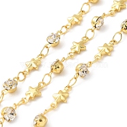Handmade Glass Rhinestone Beaded Chains, Real 18K Gold Plated Brass Star Link Chains, Soldered, with Spool, Cadmium Free & Lead Free, Clear, Rhinestone: 8x4x3mm, Star: 10x4x2mm(CHC-M024-02G)