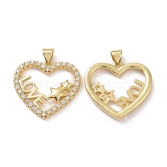 Brass Cubic Zirconia Pendants, Heart with Star & Word Love Charm, Real 18K Gold Plated, Clear, 22.5x24x3mm, Hole: 3.5x5mm(KK-G453-01G-02)