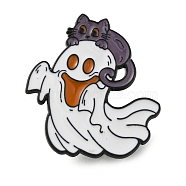 Halloween Theme Enamel Pins, Alloy Brooch, Ghost with Purple Cat, 30x27mm(JEWB-Z030-01E)