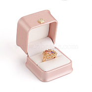 PU Leather Ring Gift Boxes, with Golden Plated Iron Crown and Velvet Inside, for Wedding, Jewelry Storage Case, Pink, 5.85x5.8x4.9cm(X-LBOX-L005-A01)