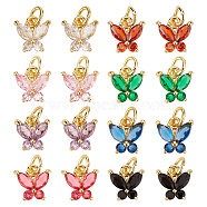 16Pcs 8 Colors Rack Plating Brass Inlaid Cubic Zirconia Charms, with Jump Rings, Cadmium Free & Lead Free, Golden, Butterfly, Mixed Color, 10x10x3.5mm, Jump Ring: 5x0.8mm, Hole: 3.4mm, 2pcs/color(KK-DC0001-82)