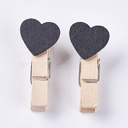Wooden Craft Pegs Clips, Heart, Spray Paint, Clothespins, Paper Note Photo Holder, Black, 37~40x17~18x11~13mm, 10pcs/bag(WOOD-WH0005-B04)