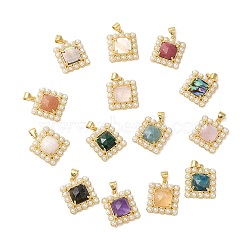 Ion Plating(IP) Natural Mixed Gemstone Pendant, with Real 14K Gold Plated Brass Finding and Plastic Pearl Beaded, Square Charms, 20x17x6mm, Hole: 4x3mm(G-E599-04G)