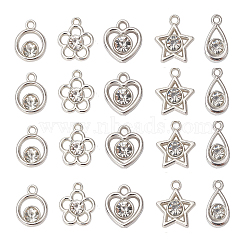 50Pcs 5 Styles Plastic with Resin Rhinestone Pendants, Heart & Ring & Star & Teardrop & Flower Charms, Silver, 14~17.5x9.5~15x4.5~5mm, Hole: 1.8~2mm, 10Pcs/style(KY-CJ0001-94)