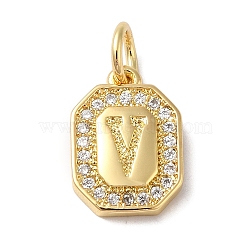 Real 18K Gold Plated Brass Micro Pave Clear Cubic Zirconia Pendants, with Jump Ring, Long-Lasting Plated, Lead Free & Cadmium Free, Letter Charms, Letter V, 12x8.5x2mm, Hole: 3mm(KK-L216-002G-V)