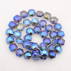 Hexagon Electroplate Full Rainbow Plated Glass Beads Strands, Faceted, Royal Blue, 15x14x8mm, Hole: 1mm, about 50pcs/strand, 23.6 inch(EGLA-P015-F08)