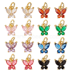 16Pcs 8 Colors Rack Plating Brass Inlaid Cubic Zirconia Charms, with Jump Rings, Cadmium Free & Lead Free, Golden, Butterfly, Mixed Color, 10x10x3.5mm, Jump Ring: 5x0.8mm, Hole: 3.4mm, 2pcs/color(KK-DC0001-82)