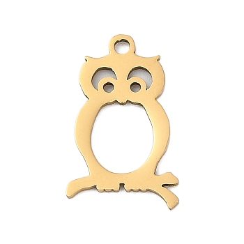 201 Stainless Steel Pendants, Owl Charms, Real 18K Gold Plated, 17x10.5x1mm, Hole: 1.4mm